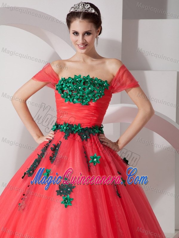 Organza Coral Red Off The Shoulder Quinceanera Dress with Green Appliques