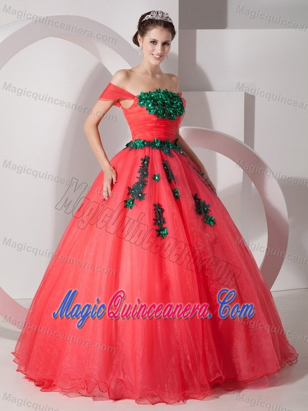 Organza Coral Red Off The Shoulder Quinceanera Dress with Green Appliques