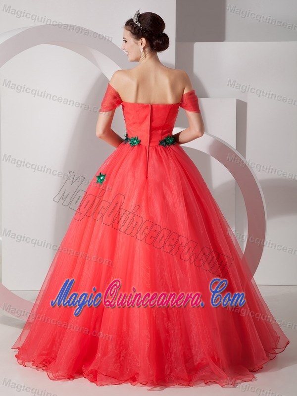 Organza Coral Red Off The Shoulder Quinceanera Dress with Green Appliques