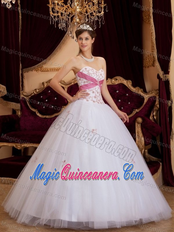 White Sweetheart Quinceanera Dress with Pink Cross Sash and Embroidery