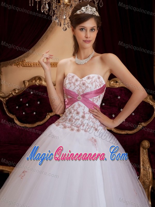 White Sweetheart Quinceanera Dress with Pink Cross Sash and Embroidery