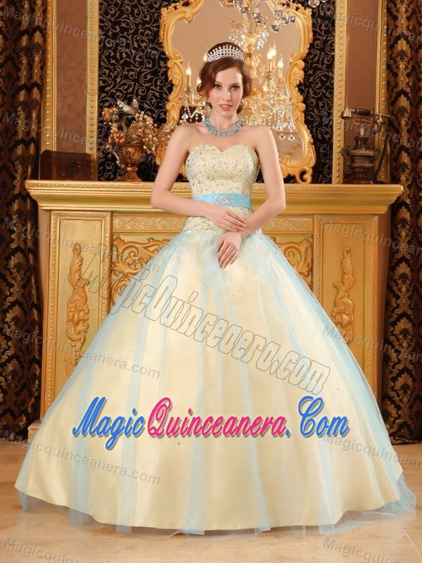 Sweetheart Champagne Quinceanera Dress with Beading and Blue Sash