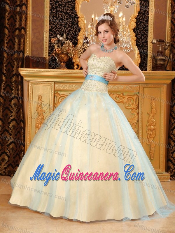 Sweetheart Champagne Quinceanera Dress with Beading and Blue Sash