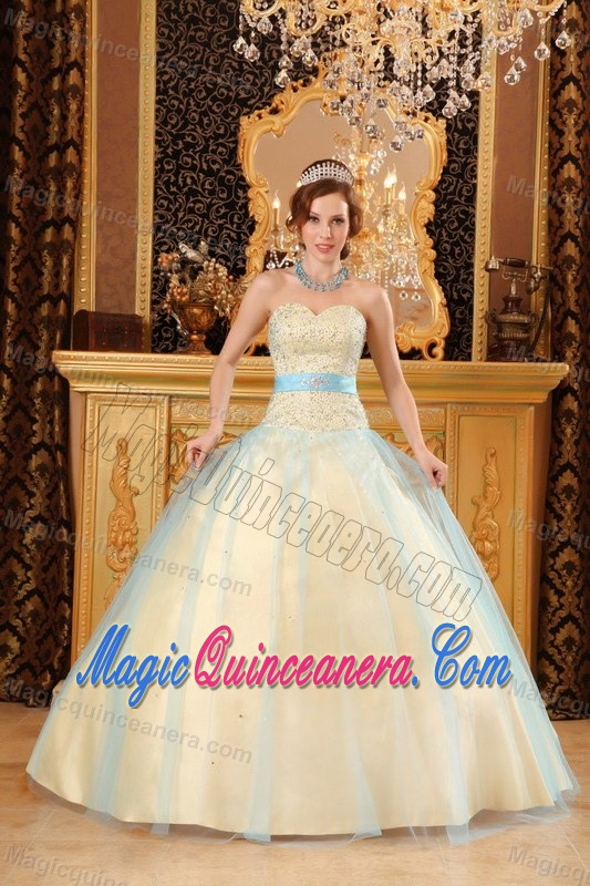 Sweetheart Champagne Quinceanera Dress with Beading and Blue Sash