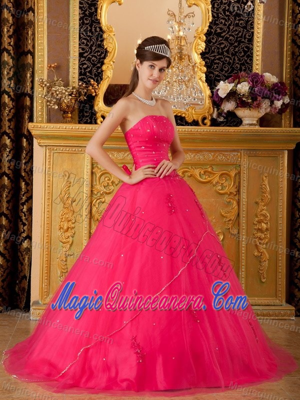 Strapless Hot Pink Quinceanera Dress with Appliques and Beading