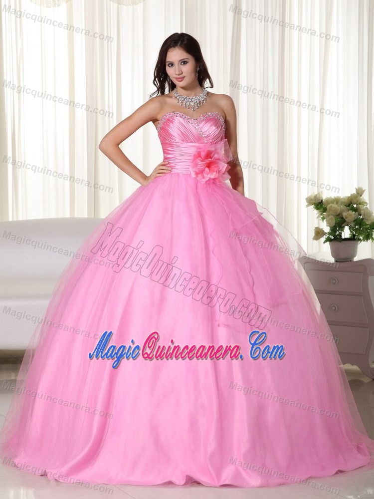 Sweetheart Pink Quinceanera Dress with Beading and Hand Made Flowers