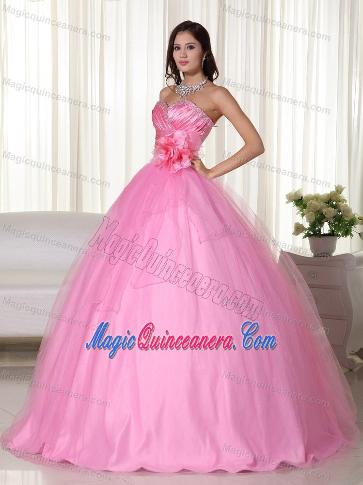 Sweetheart Pink Quinceanera Dress with Beading and Hand Made Flowers