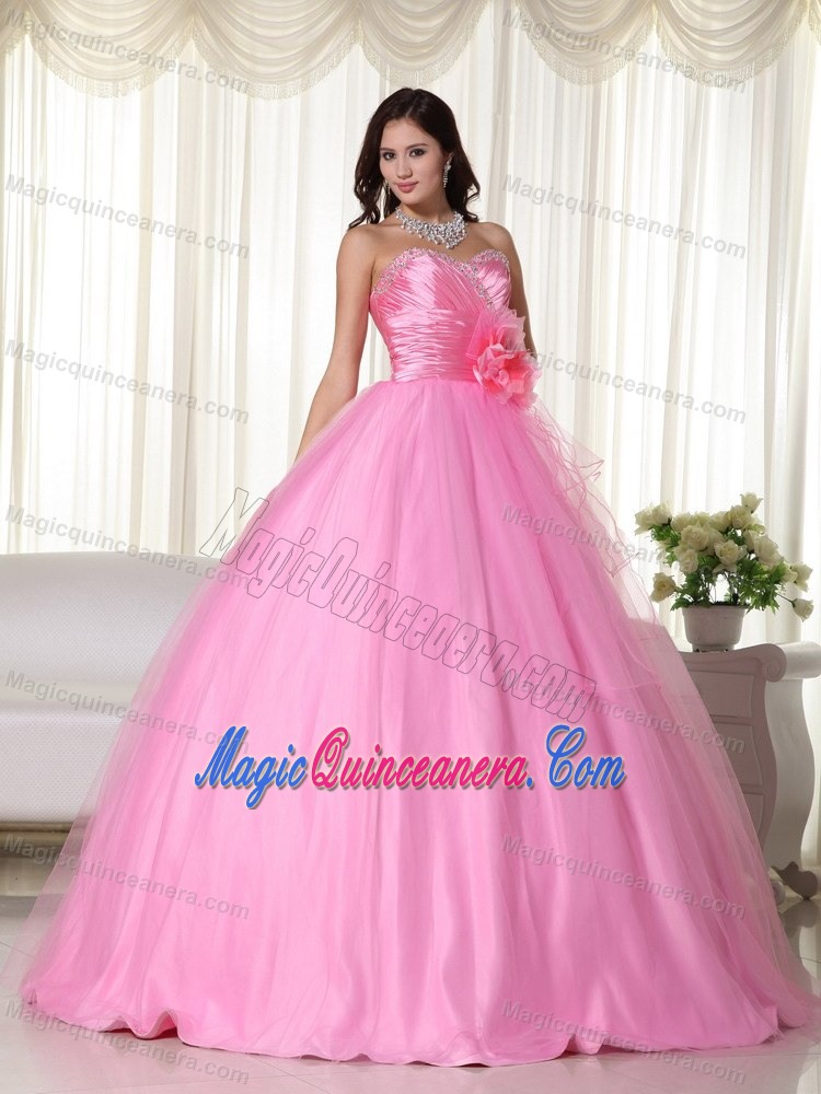 Sweetheart Pink Quinceanera Dress with Beading and Hand Made Flowers