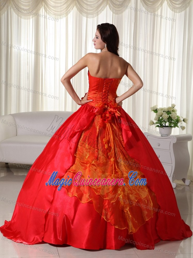 Taffeta Strapless Red Sweet 16 Dress with Ruches and Hand Made Flowers