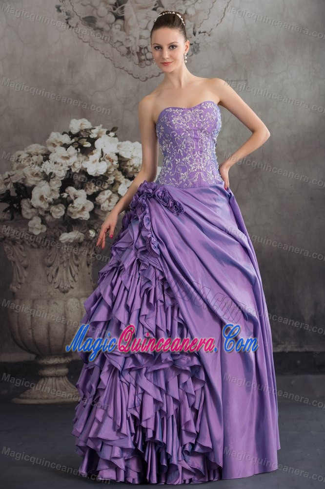 Lavender Ruffled Quinceanera Dress with Hand Made Flowers and Embroidery
