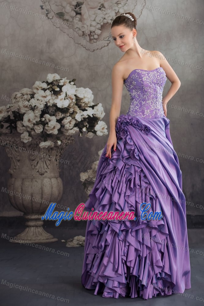 Lavender Ruffled Quinceanera Dress with Hand Made Flowers and Embroidery