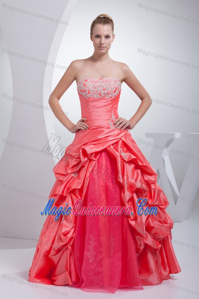 Beaded A-line Quinceanera Dress with Pick-ups and Appliques in Watermelon
