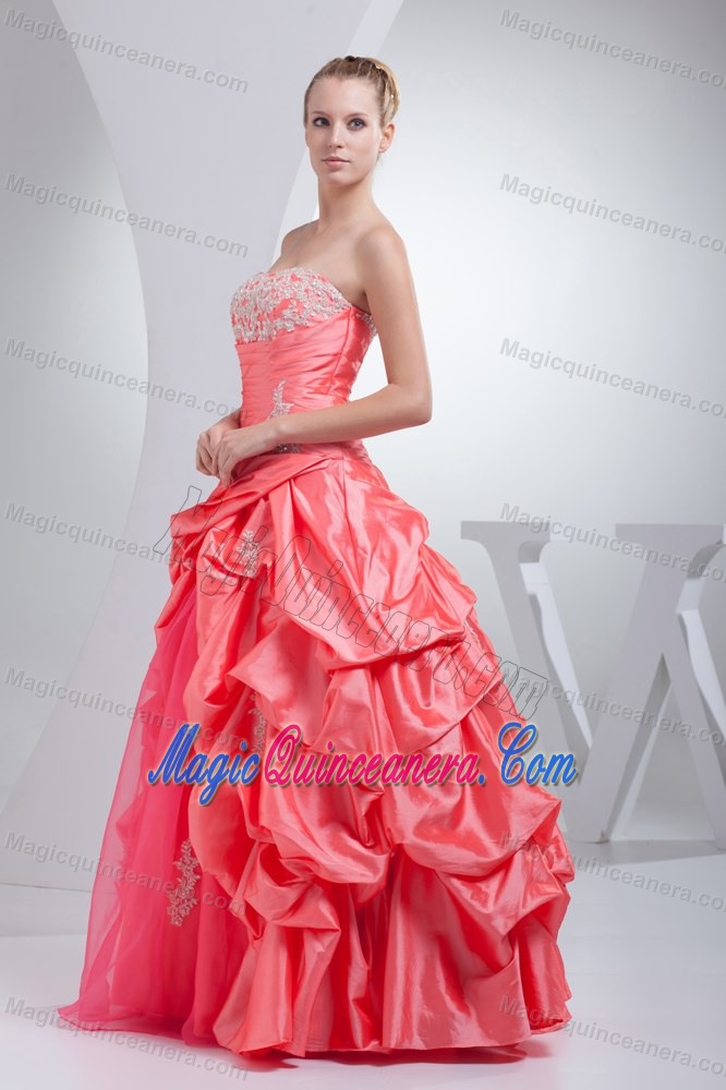 Beaded A-line Quinceanera Dress with Pick-ups and Appliques in Watermelon