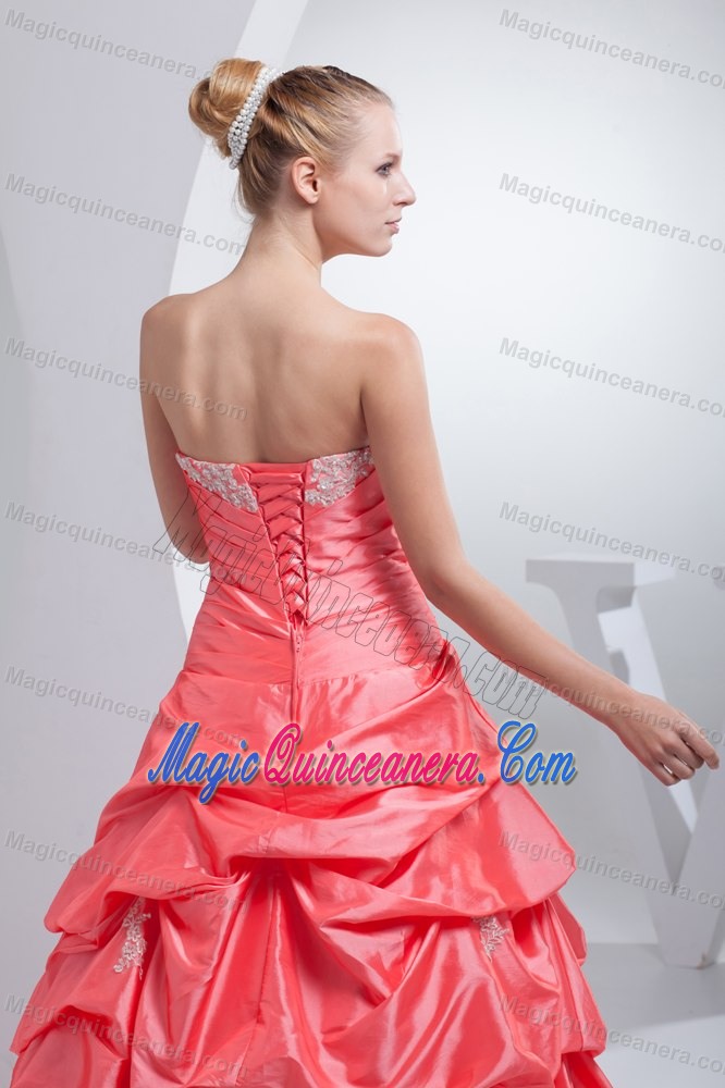 Beaded A-line Quinceanera Dress with Pick-ups and Appliques in Watermelon