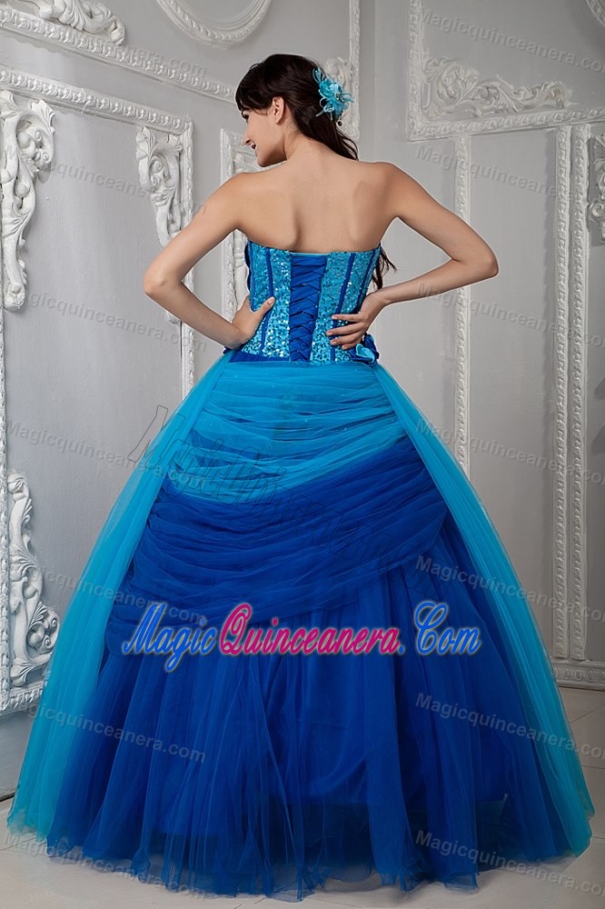 Blue Sweetheart Quinceanea Dress with Ruches in Tulle and Shinning Fabric