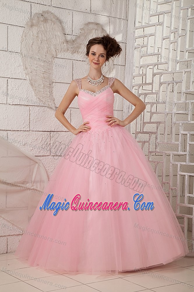 Beaded Baby Pink Sweet 15 Dress with Straps in Tulle and Taffeta