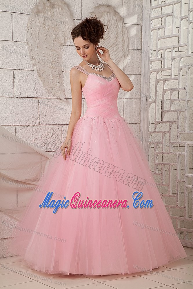 Beaded Baby Pink Sweet 15 Dress with Straps in Tulle and Taffeta