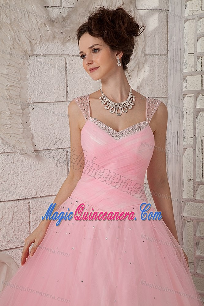 Beaded Baby Pink Sweet 15 Dress with Straps in Tulle and Taffeta