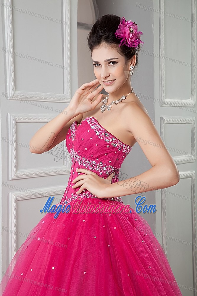 Sweetheart Hot Pink Quinceanera Dresss with Beading and a Tulle Out Layer