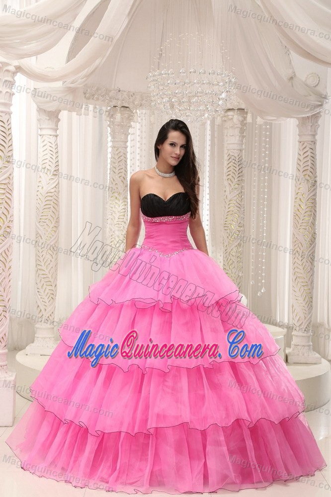 Rose Pink and Black Sweetheart Quinceanera Dress with Ruffles and Beading
