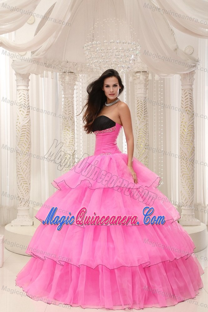 Rose Pink and Black Sweetheart Quinceanera Dress with Ruffles and Beading