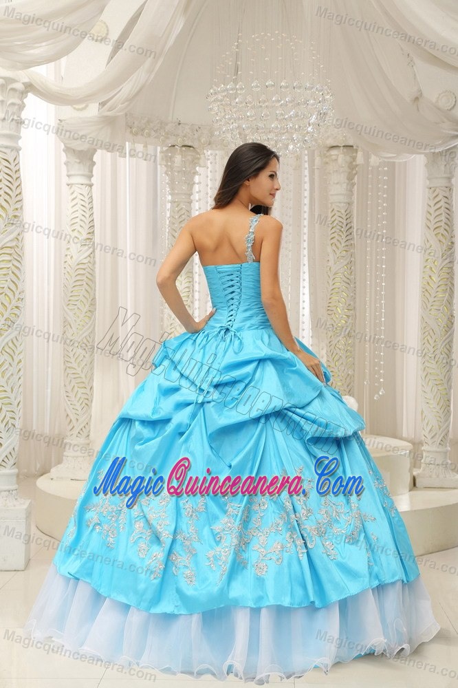 Aqua Blue One Shoulder Sweet 15 Dress with Embroidery and Pick-ups