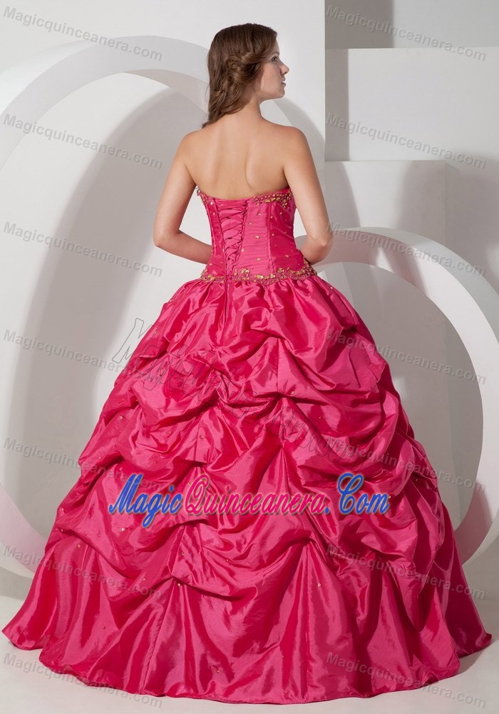 Taffeta Hot Pink Strapless Quinceanera Dress with Pick-ups and Beading