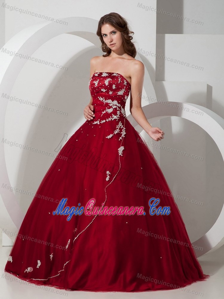 Strapless Wine Red Quinceanera Dress in Taffeta and Tulle with Embroidery