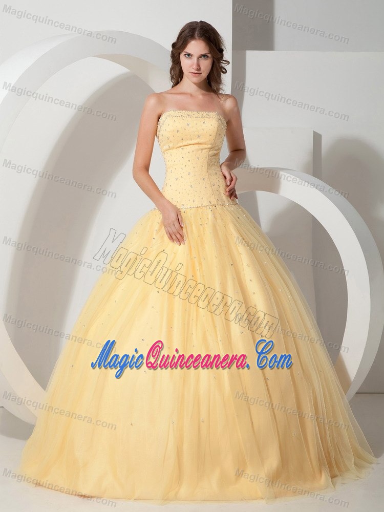 Taffeta Strapless Sweet 15 Dress with Beading and a Tulle Out Layer in Yellow