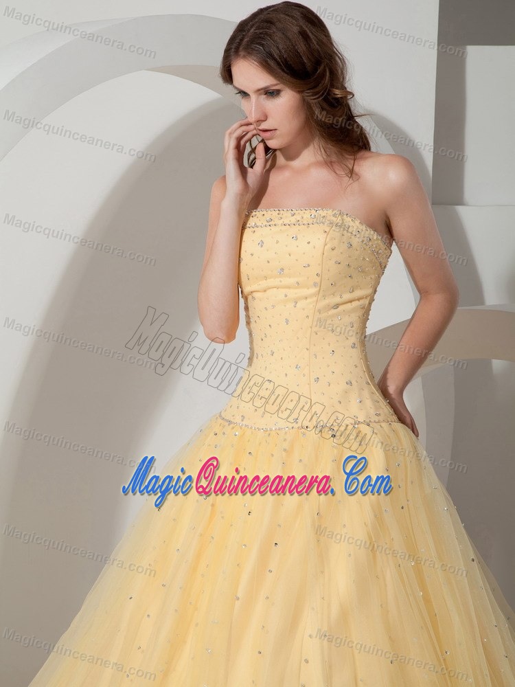 Taffeta Strapless Sweet 15 Dress with Beading and a Tulle Out Layer in Yellow