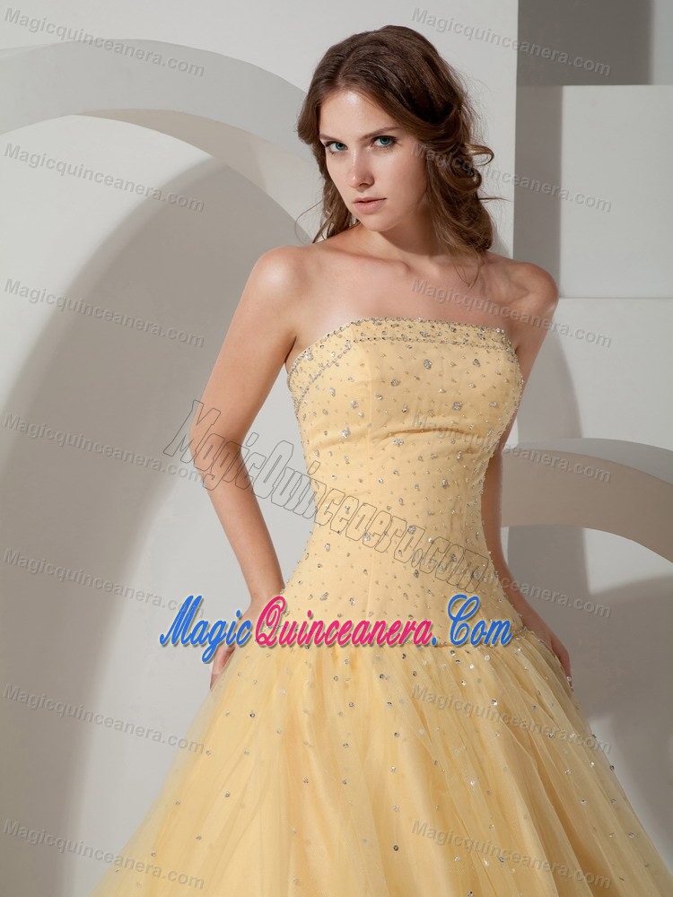 Taffeta Strapless Sweet 15 Dress with Beading and a Tulle Out Layer in Yellow
