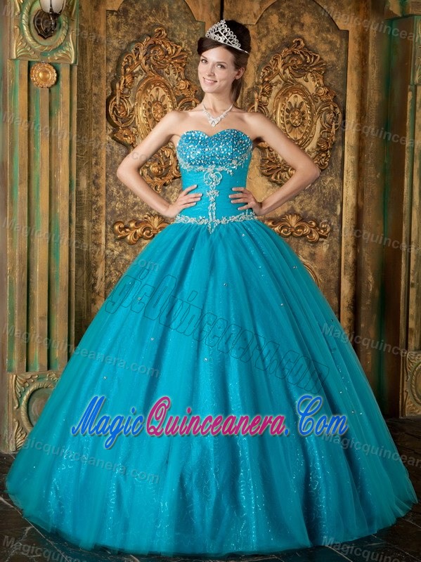 Teal Sweetheart Quinceanera Dress with Beading and Embroidery