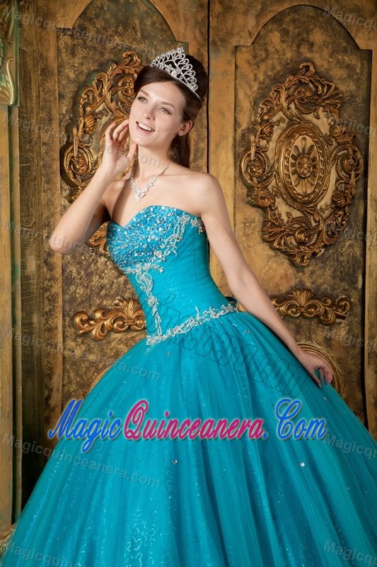 Teal Sweetheart Quinceanera Dress with Beading and Embroidery