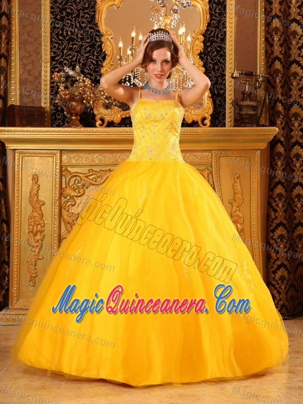 Yellow Quinceanera Dress with Spaghetti Straps in Taffeta and Organza