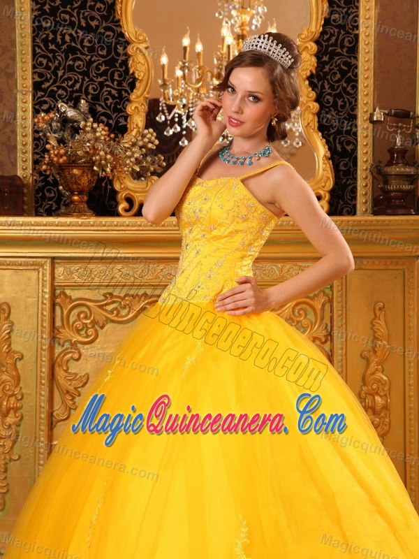 Yellow Quinceanera Dress with Spaghetti Straps in Taffeta and Organza