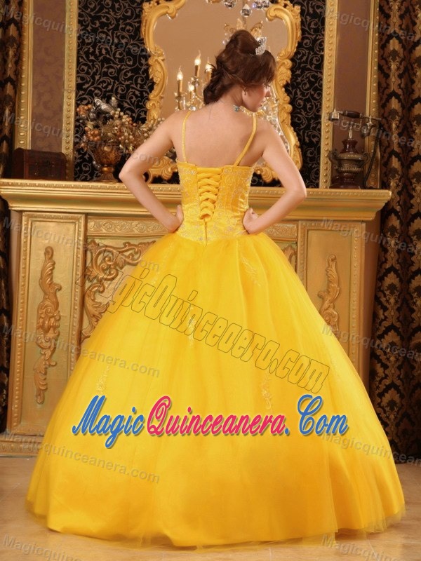Yellow Quinceanera Dress with Spaghetti Straps in Taffeta and Organza