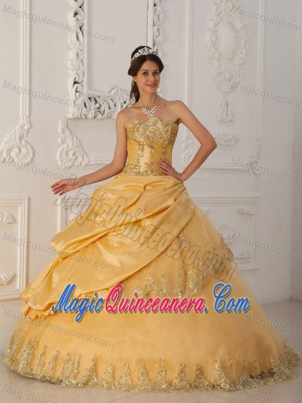 Gold Quinceanera Dress in Taffeta and Tulle with Beading and Embroidery