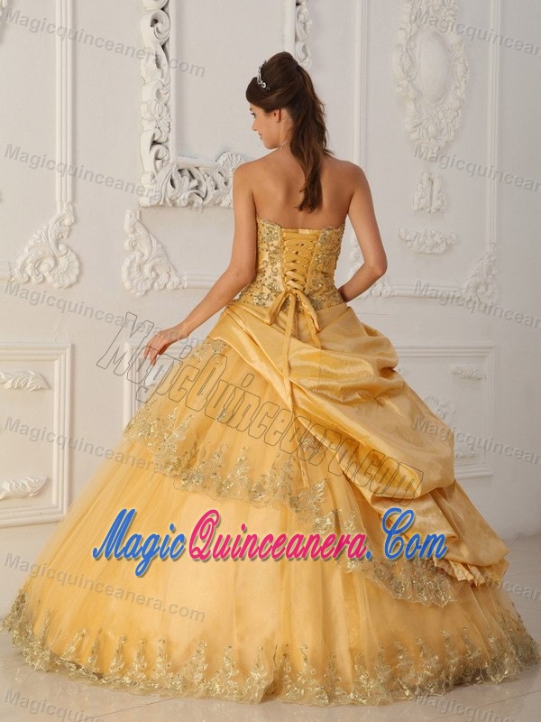 Gold Quinceanera Dress in Taffeta and Tulle with Beading and Embroidery