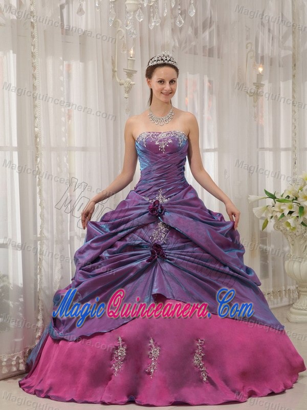 Purple Strapless Quinceanera Dress with Ruches and Embroidery