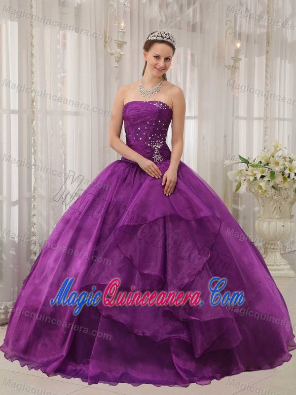 Organza Strapless Purple Quinceanera Dress with Beading and Ruffles