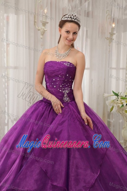 Organza Strapless Purple Quinceanera Dress with Beading and Ruffles