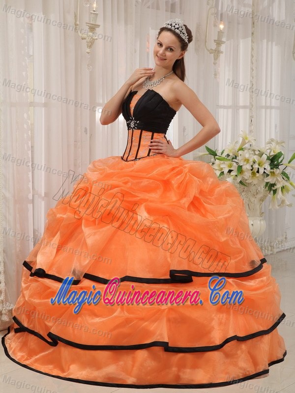 Orange and Black Sweet 16 Dress with Beading and Ruched Layers