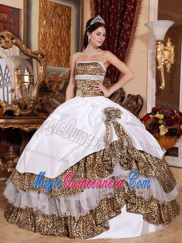 White Strapless Quinceanera Dress with Leopard Print Fabric Layers