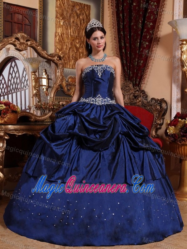 Navy Blue Strapless Quinceanera Dress with Pick-ups and Embroidery