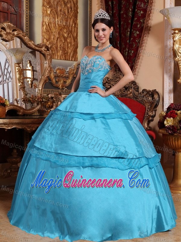 Taffeta Sweetheart Aqua Blue Sweet 16 Dress with Appliques and Organza Layers