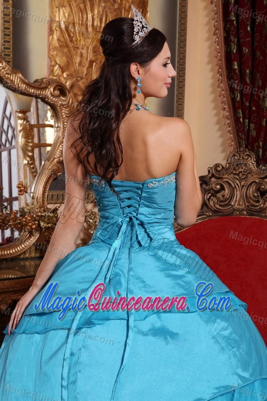 Taffeta Sweetheart Aqua Blue Sweet 16 Dress with Appliques and Organza Layers