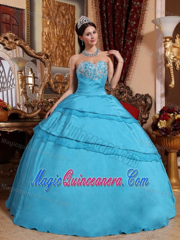Taffeta Sweetheart Aqua Blue Sweet 16 Dress with Appliques and Organza Layers