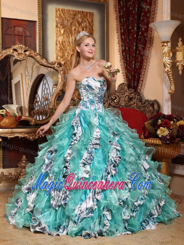 Printed Multi-color Sweetheart Quinceanera Dress with Ruffles