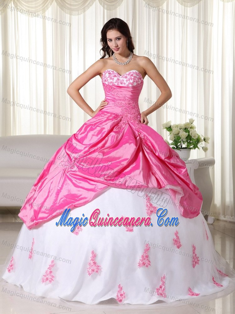 Sweetheart Pink and White Quanceanera Dress with Pick-ups and Appliques