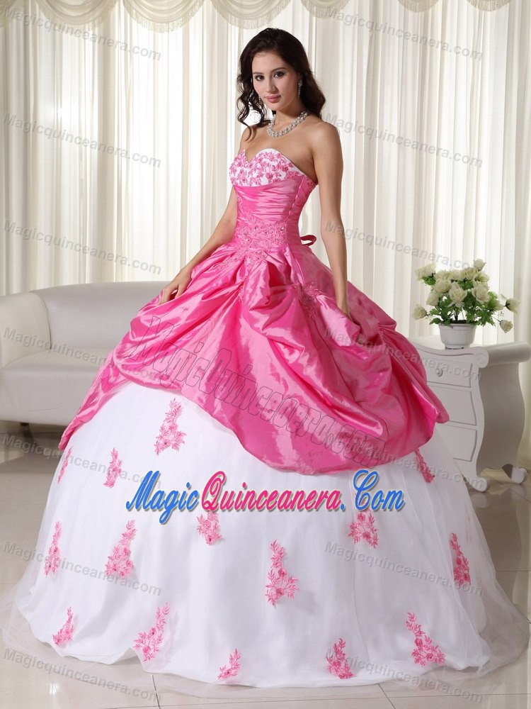 Sweetheart Pink and White Quanceanera Dress with Pick-ups and Appliques